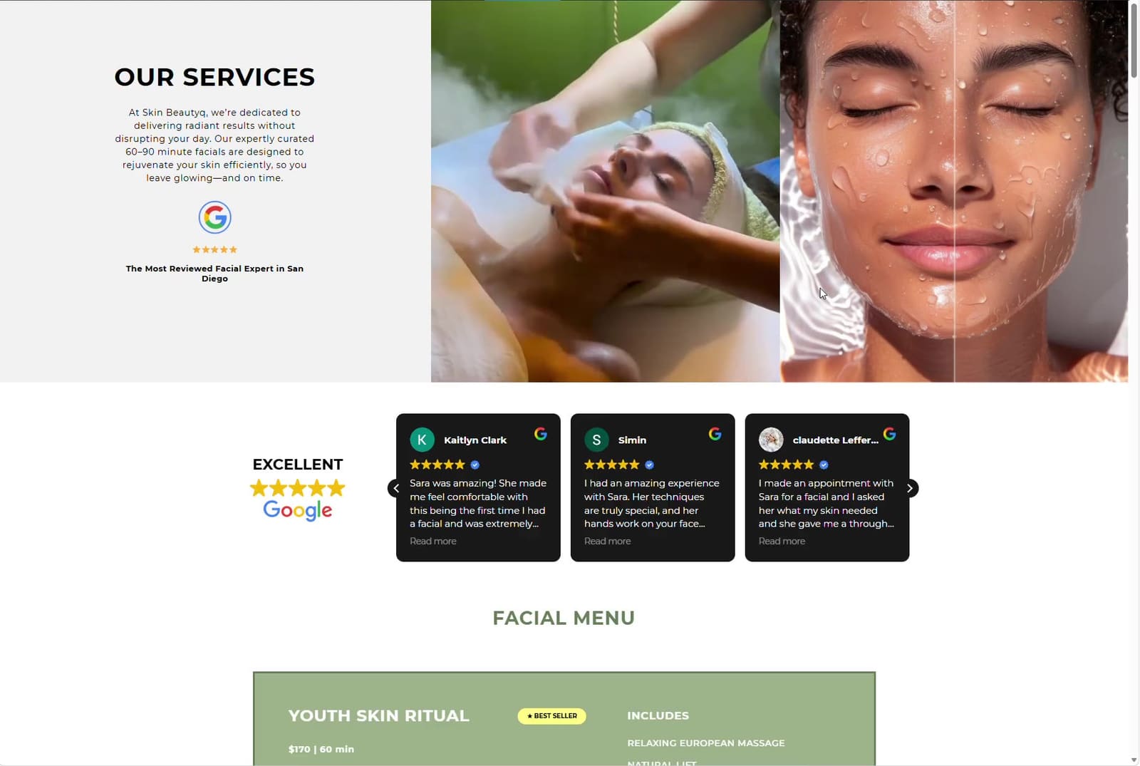 The original skinbeautyq.com service page, scrolled to a dense stack of review widgets above the facial menu